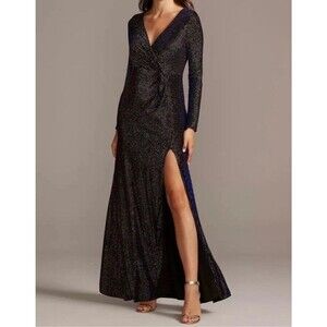 NIGHTWAY Women’s Maxi Sheath Evening Dress Navy Gold SZ 4